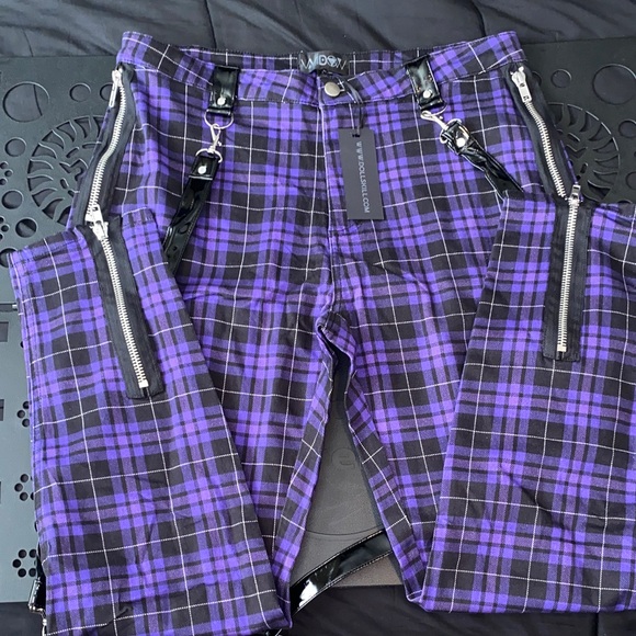 #DK185-NWT Widow Dolls Kill Punk Purple & Black Plaid Skinny Jeans w/straps-1X - Picture 7 of 9